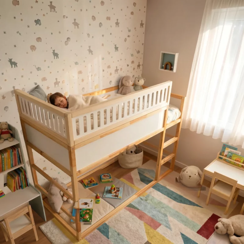 Protection antichute supérieure VILO DUO 165×90 pour lit IKEA KURA en bois et MDF – après