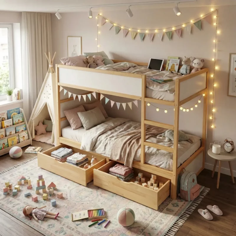 IKEA KURA Bed Platform with Two Drawers NestUp Storage Pine Front
