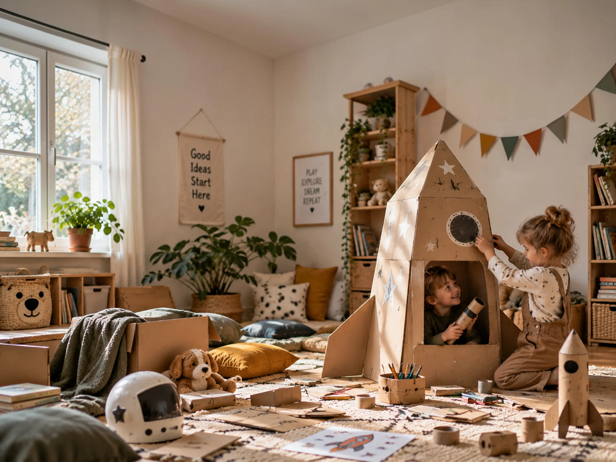 Children enjoying free play with a homemade cardboard rocket